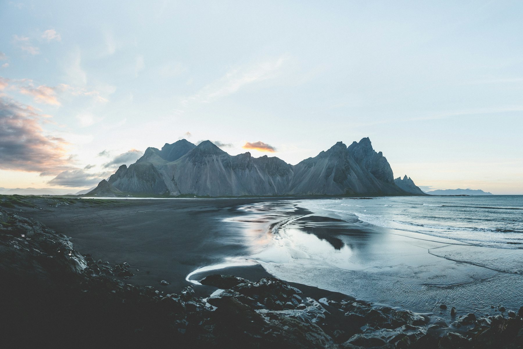 Vestrahorn mountain above a black-sand beach in Iceland