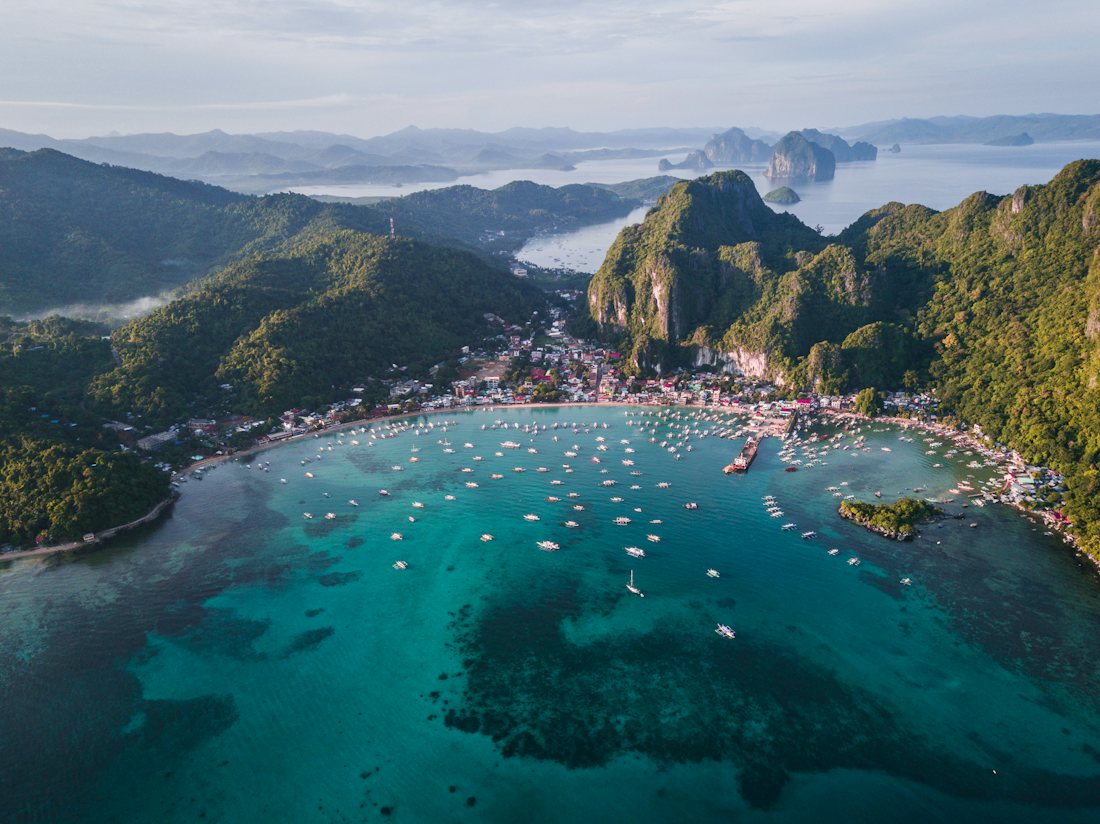 Limestone islands rising from a turquoise bay in El Nido